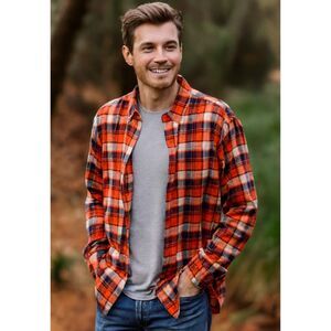 Eddie Bauer Plaid Button Up Flannel Shirt Mens Sz L TALL Orange Navy Relaxed Fit